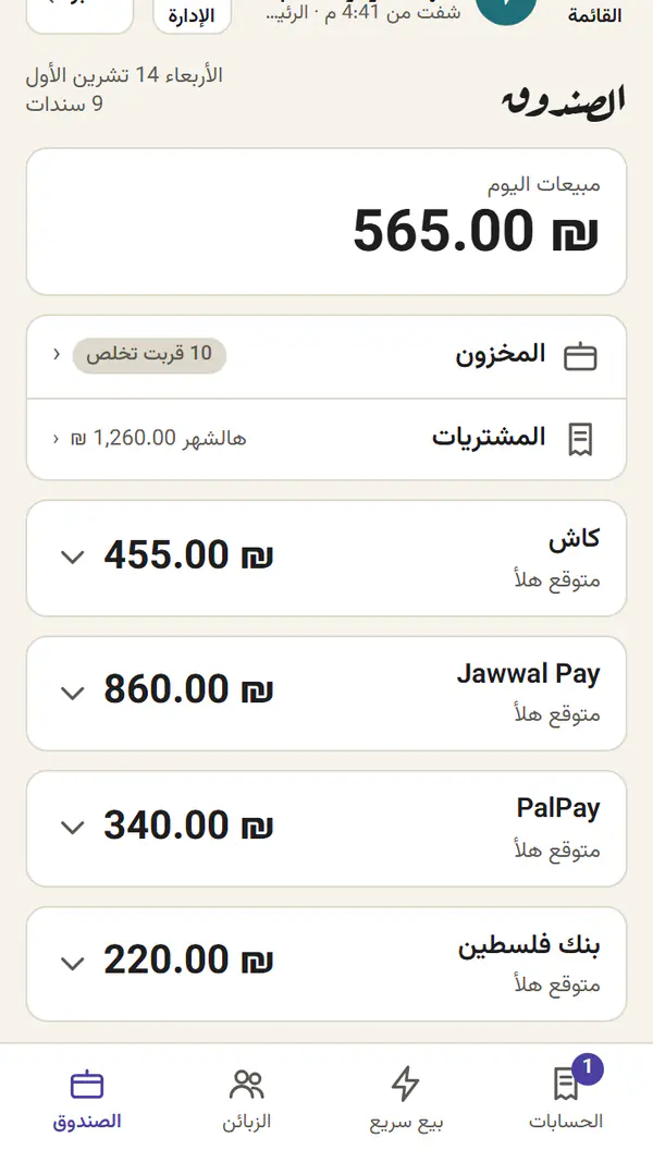 الصندوق: الكاش 455 ₪ و Jawwal Pay 860 ₪ و PalPay 340 ₪ وبنك فلسطين 220 ₪، كل واحد بصندوقه